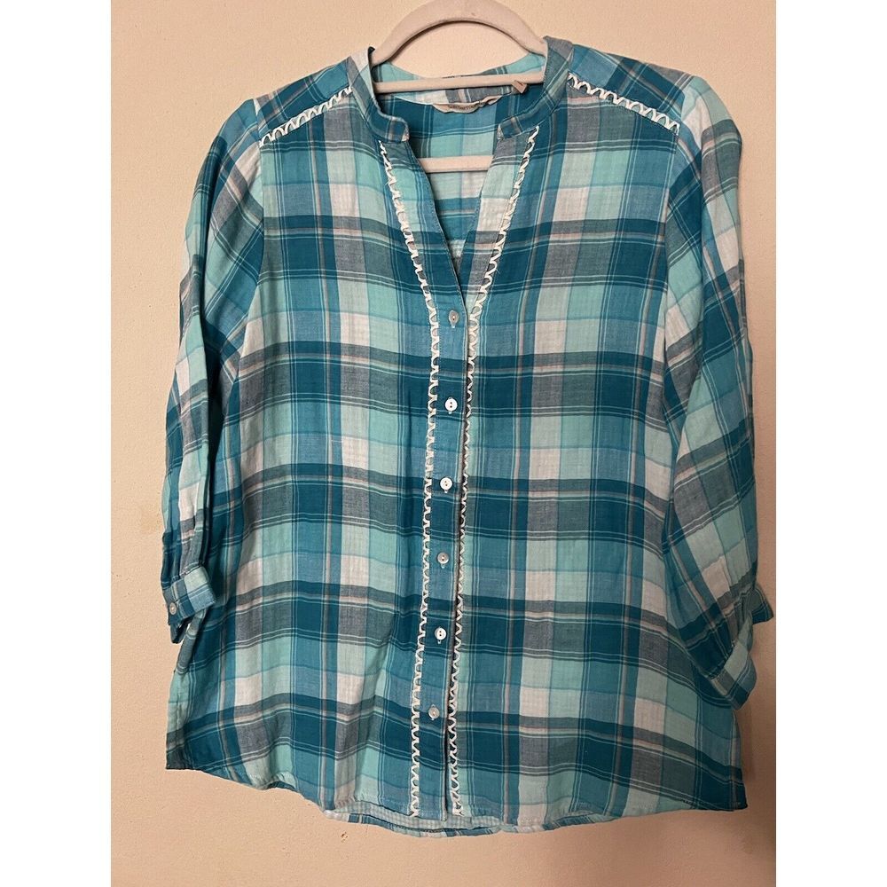 Soft Surroundings Plaid Button Up Shirt Cotton Blue White 'Sun Soaked' Womens XS